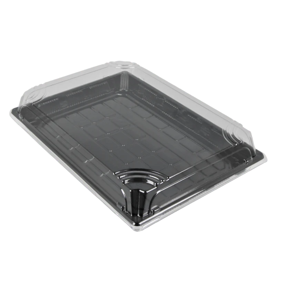 Family Sushi-Verpackung 256×185×20 mm, PS-Tray mit klarem Deckel, edle Schwarz/Klar-Optik – stapelbar und sicher für Transport & Präsentation größerer Sushi-Sets