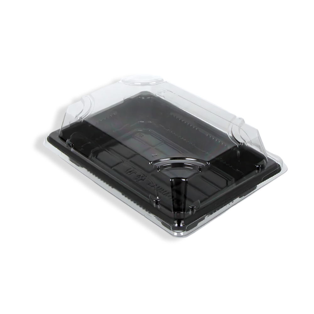 Sushi-Verpackung Größe S in Schwarz mit Klarsichtdeckel – kompaktes Tray für Thekenpräsentation und sicheren Transport kleiner Sushi-Portionen