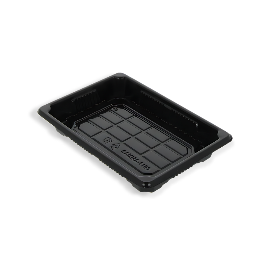 Sushi-Verpackung Größe S in Schwarz mit Klarsichtdeckel – kompaktes Tray für Thekenpräsentation und sicheren Transport kleiner Sushi-Portionen