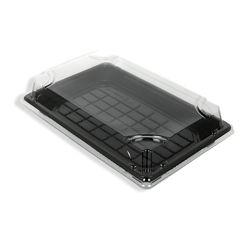 XL Sushi-Verpackung 240×150×25 mm, PS-Tray mit klarem Deckel, edle Schwarz/Klar-Optik – stapelbar und sicher für Transport & Präsentation großer Sushi-Menüs