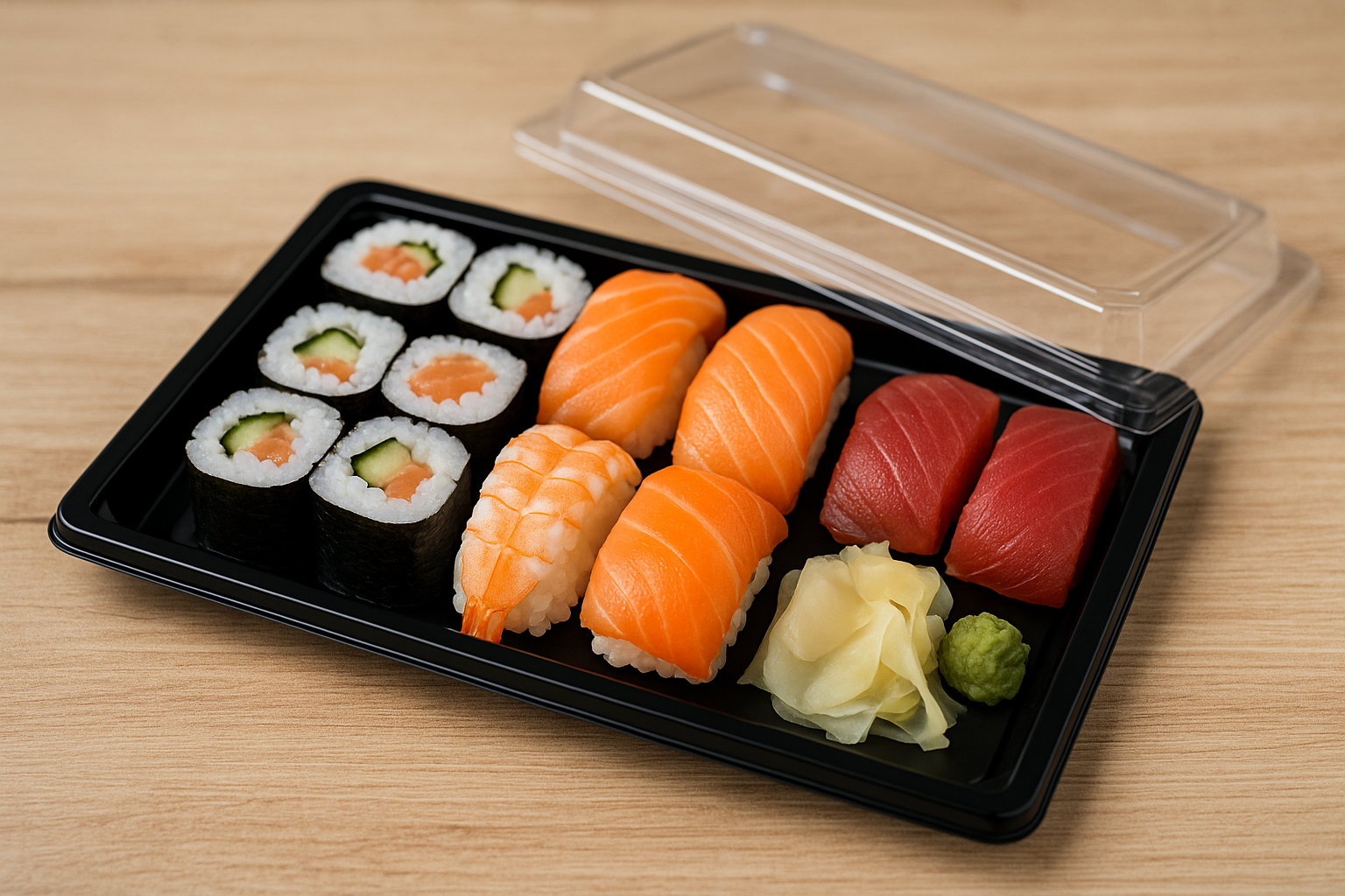 Hochwertige Sushi-Verpackungen mit transparentem Deckel – stilvolle Präsentation von Sushi und asiatischen Speisen