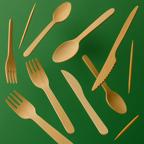 Nachhaltiges Einwegbesteck aus Holz und Bambus - umweltfreundliche Alternative für Gastronomie, Catering und To-Go.
