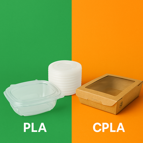 Nachhaltige PLA und C-PLA Verpackungen auf grün-orangefarbenem Hintergrund – transparente Becher, Schalen und Deckel aus biobasiertem Material für Gastronomie und To-Go.