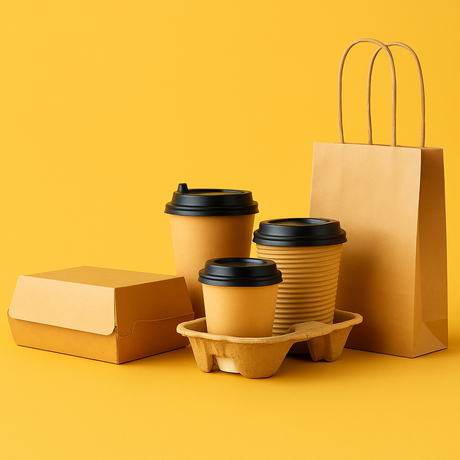 Nachhaltige To-Go-Verpackungen aus Papier und Karton auf gelbem Hintergrund – Becher, Boxen und Tragetaschen für umweltfreundliche Gastronomie.
