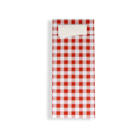Rustikale Bestecktasche rot kariert mit Serviette – ideale To-Go-Lösung für Küchen, Catering & Restaurants