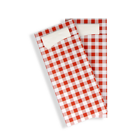 beGREEN Bestecktasche rot kariert mit weißer Serviette – nachhaltig, plastikfrei für Gastronomie, Küchen & Take-Away