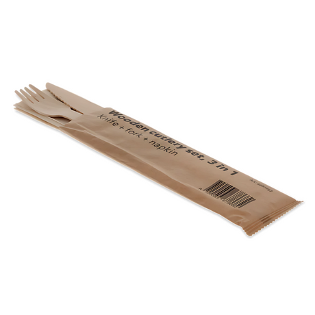 Einweg-Besteck-Set 3-in-1 Holz, 160 mm – Messer, Gabel, Serviette