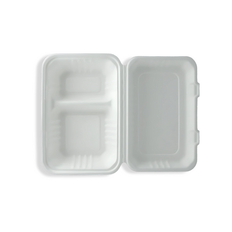 2-geteilte Menübox S Zuckerrohr BIO 500 Stk – clevere To-Go Box 230×160×65 mm mit zwei Fächern für Imbiss & Catering.