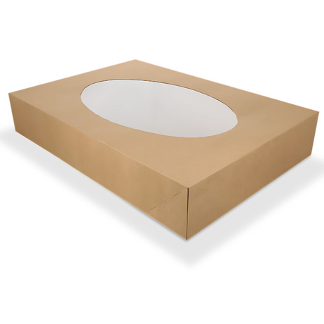 
Papp-Catering-Box M (46 × 32 × 8 cm) mit PLA-Fenster – kraftbraun, biologisch abbaubar, ideal für nachhaltiges Catering
