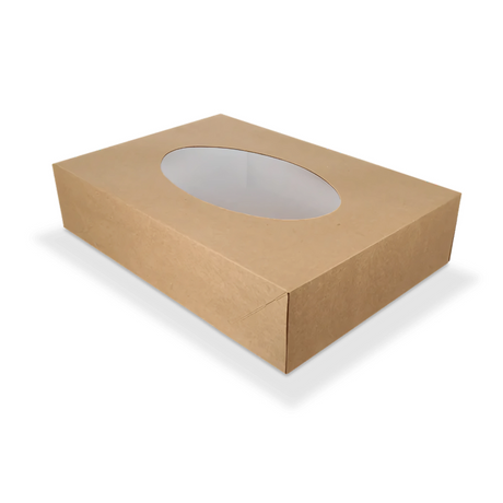 Papp-Catering-Box S (36 × 25 × 8 cm) mit PLA-Fenster – kraftbraun, biologisch abbaubar, ideal für nachhaltiges Catering