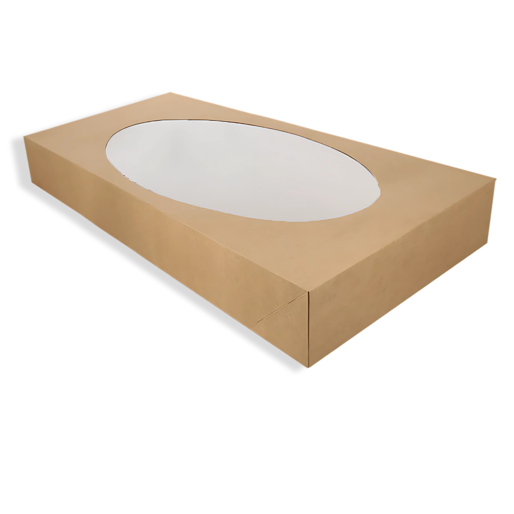 Papp-Catering-Box XL (56 × 38 × 8 cm) mit PLA-Fenster – kraftbraun, biologisch abbaubar, ideal für nachhaltiges Catering
