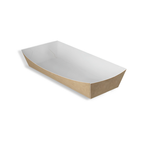 Schmale Papp-Snackschale 185×65×35 mm, außen kraftbraun, innen weiß beschichtet – ideal für längliche Snacks, kompostierbar