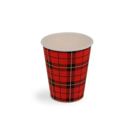 Pappbecher 150 ml Ø 70 mm mit rot-schwarzem Schottenrauten-Muster – recycelbar, PE-beschichtet & ideal für Coffee-to-Go und Veranstaltungen