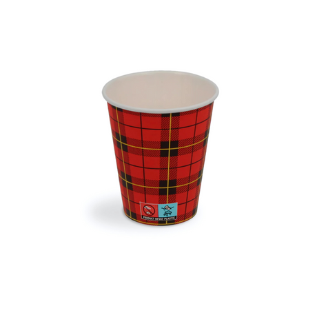 Pappbecher 150 ml Ø 70 mm mit rot-schwarzem Schottenrauten-Muster – recycelbar, PE-beschichtet & ideal für Coffee-to-Go und Veranstaltungen