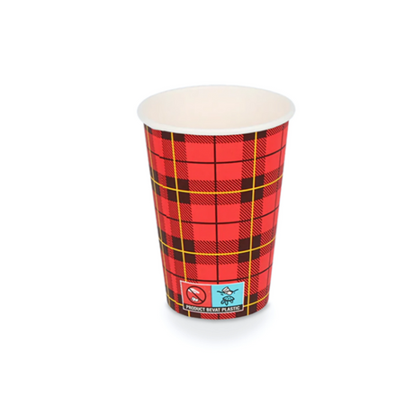 Pappbecher 180 ml Ø 70 mm mit rot-schwarzem Schottenrauten-Muster – recycelbar, PE-beschichtet & ideal für Coffee-to-Go und Veranstaltungen
