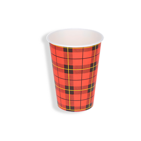 Pappbecher 180 ml Ø 70 mm mit rot-schwarzem Schottenrauten-Muster – recycelbar, PE-beschichtet & ideal für Coffee-to-Go und Veranstaltungen