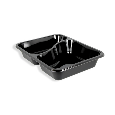 Zweigeteilte Food-to-go Schale aus CPET, robust und lebensmittelecht, perfekt für warme Menügerichte