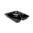 Schwarze CPET Schale 3-geteilt, hitzebeständig und stapelbar, ideal für Menüs mit Beilagen im To-Go Bereich.