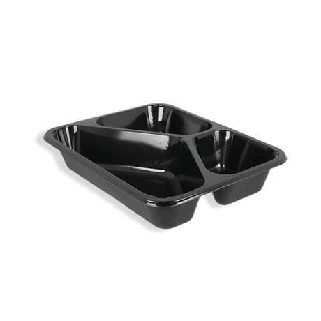 Dreigeteilte Food-to-go Schale in Schwarz, robust, lebensmittelecht und geeignet für warme Menügerichte