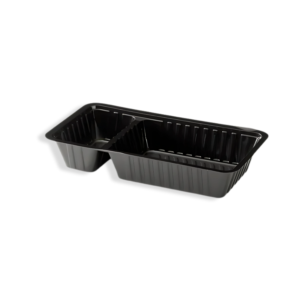 Schwarze 2-geteilte Snackschale A12 aus Kunststoff – getrennte Fächer für Snacks & Sauce, formstabil & stapelbar
