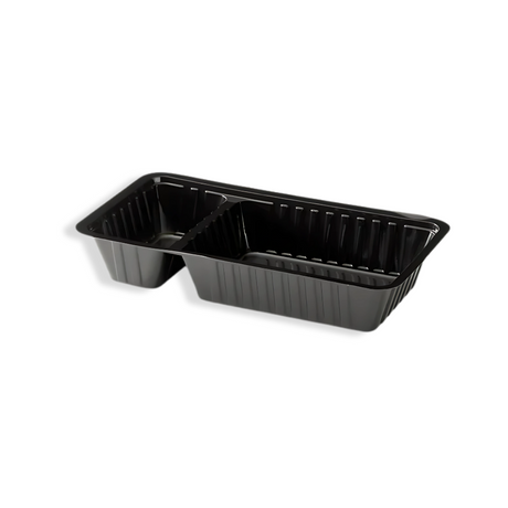 Schwarze 2-geteilte Snackschale A12 aus Kunststoff – getrennte Fächer für Snacks & Sauce, formstabil & stapelbar