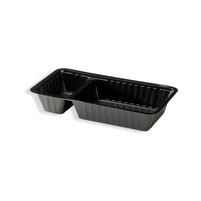 Schwarze 2-geteilte Snackschale A12 aus Kunststoff – getrennte Fächer für Snacks & Sauce, formstabil & stapelbar