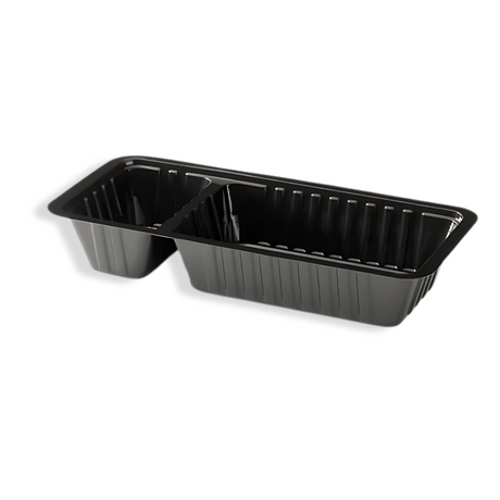 Schwarze 2-geteilte Snackschale A22 aus Kunststoff – getrennte Fächer für Snacks & Sauce, formstabil & stapelbar