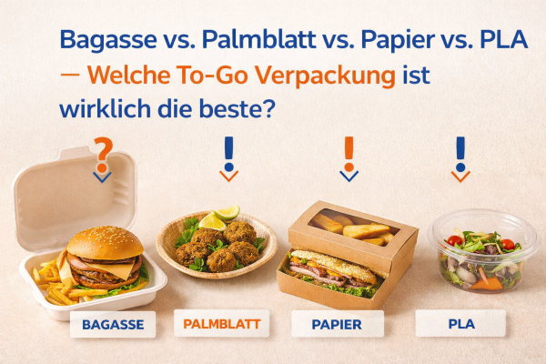 Bagasse vs. Palmblatt vs. Papier vs. PLA – Welche To-Go Verpackung ist wirklich die beste? - Bagasse vs. Palmblatt vs. Papier vs. PLA | To-Go Verpackung Vergleich